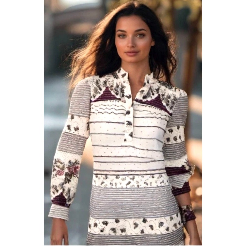 70s Boho Shirt Dress Size Small Ivory Semi Sheer Collar Long Sleeve Split Sides
